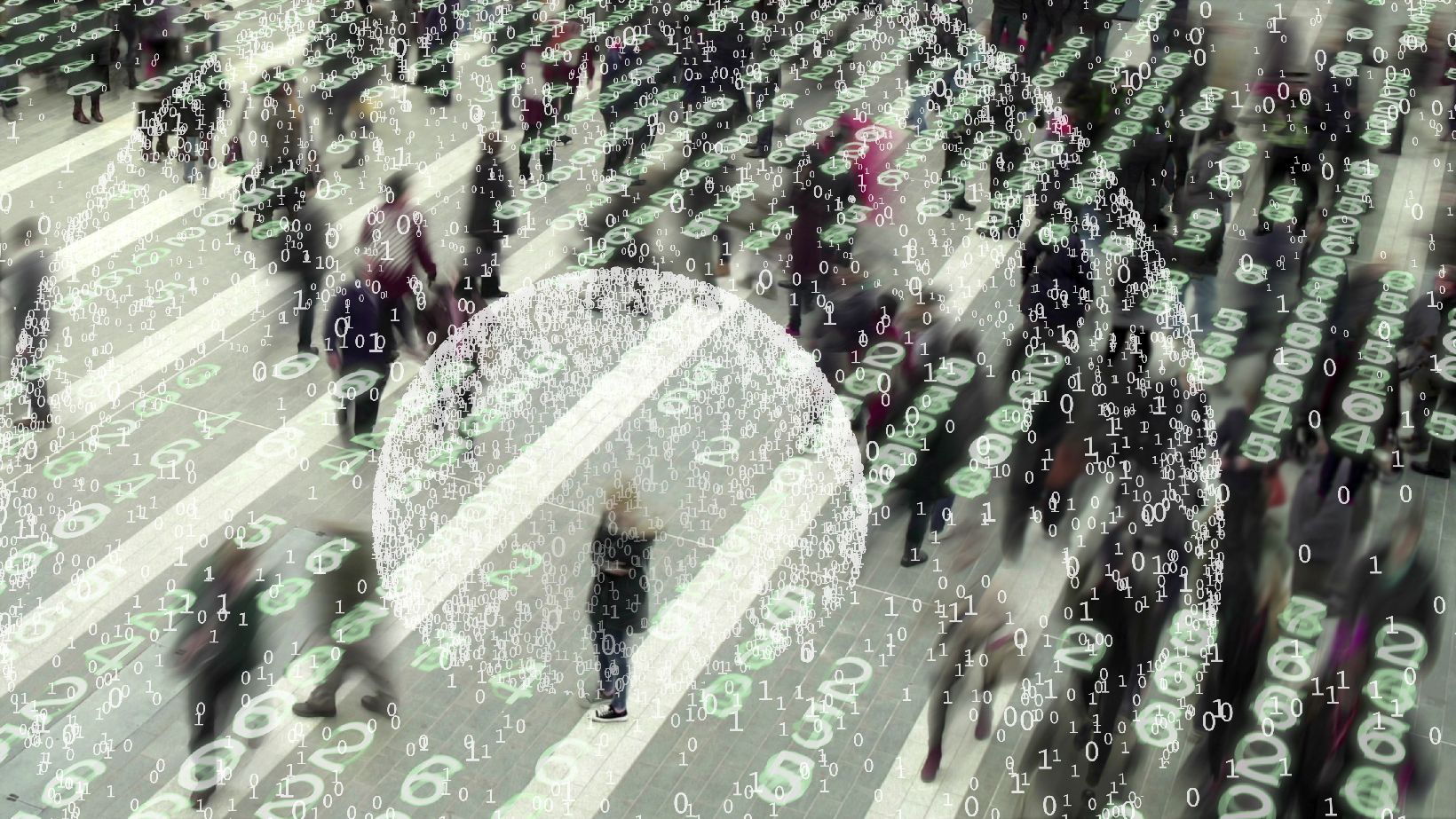 People are walking in the street while information and data is floating all around them.