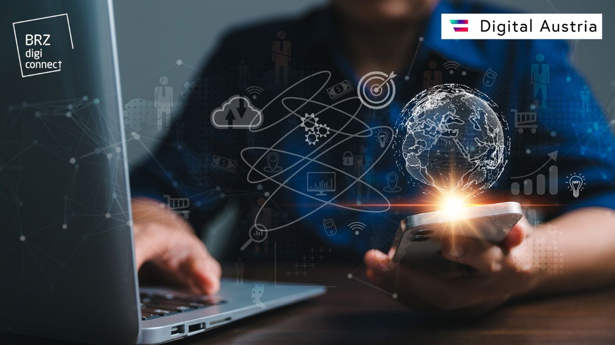 BRZ DigiConnect Virtuelle Welten, @BRZ - iStock.com/metamorworks Symbolische Grafik mit Handy und Laptop