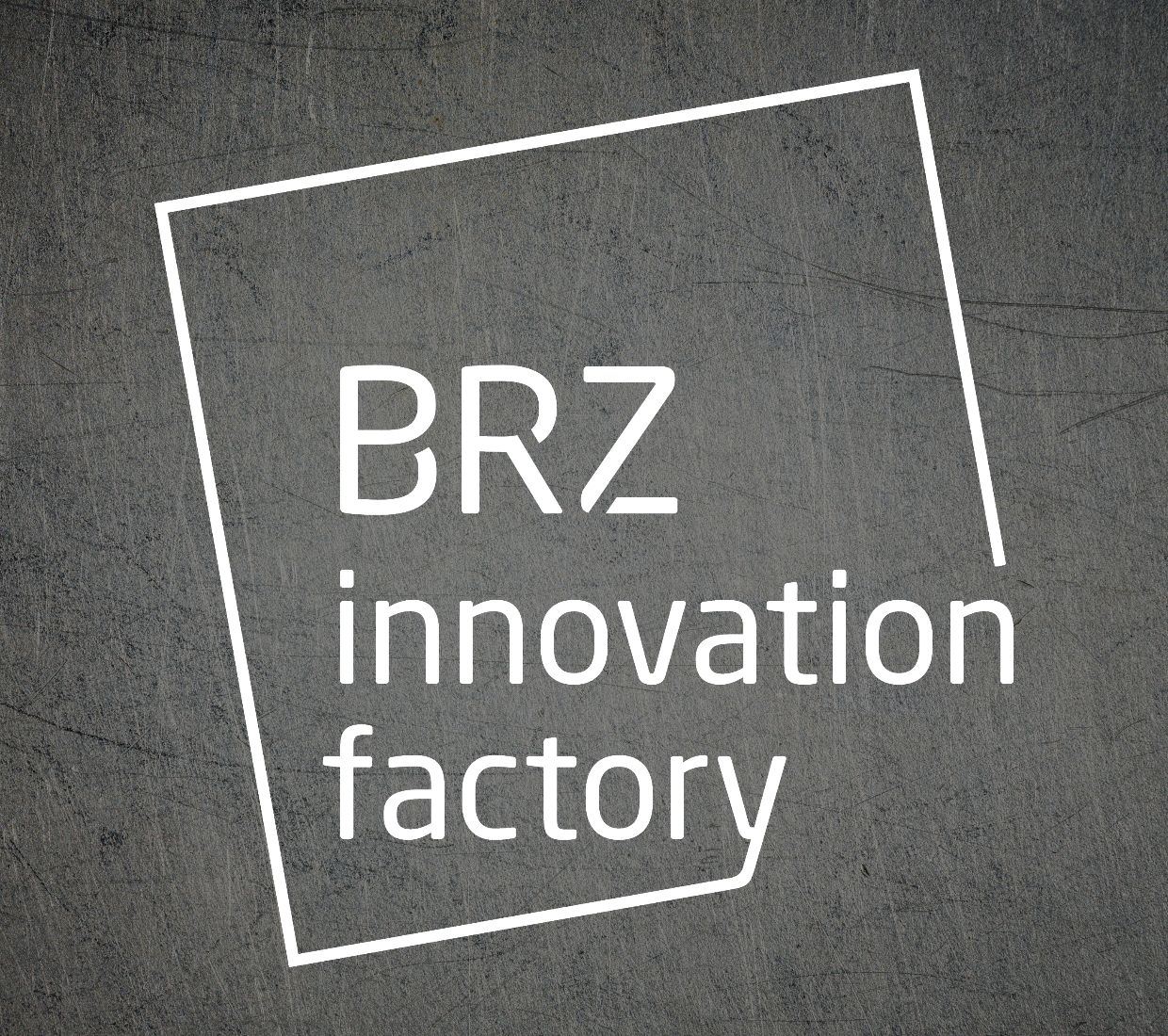 Logo der BRZ Innovation Factory in weiß auf einem Metalltextur Hintergrund.