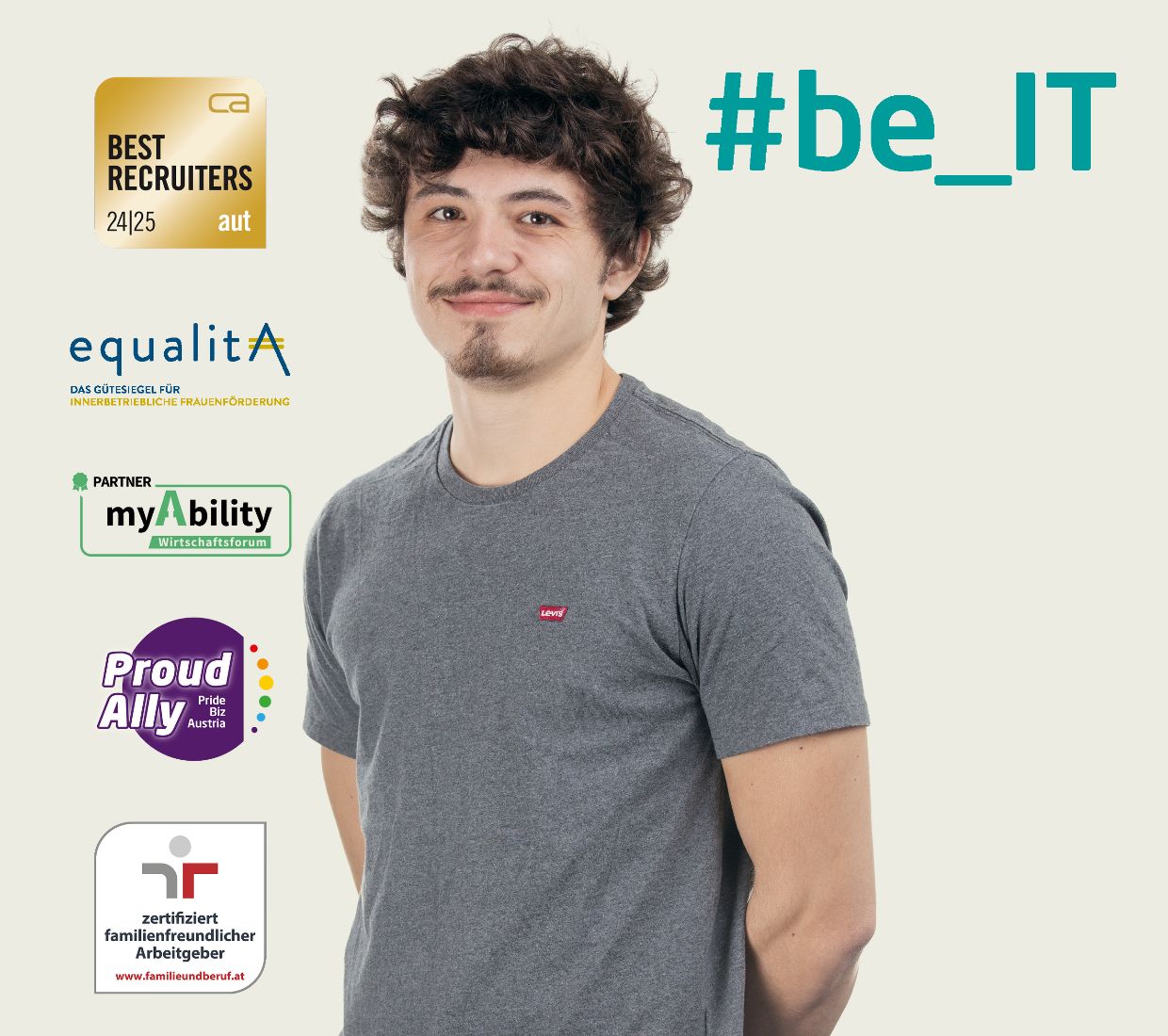 Portrait von einer BRZ Kollege mit Gütesiegel: Best Recruiters, equalitA, myAbility, Pride Biz Ally und Beruf und Familie