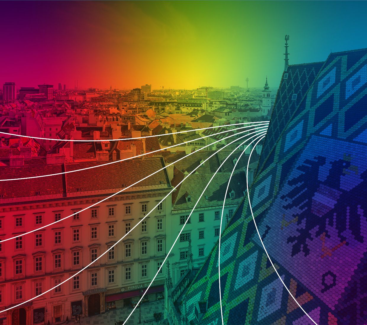 Aussicht vom Stephansdom in Wien auf das BRZ, gefärbt in Regenbogenfarben