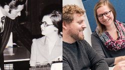 Mann schaut auf Sekretärin herab neben Aufnahme einer modernen Arbeitsumgebung