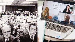 Schwarz-Weiß Foto von Menschen neben Laptop mit Videokonferenz