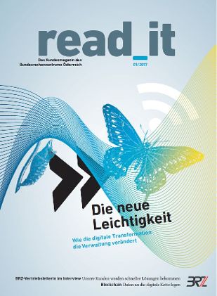 Cover des Kundenmagazins 01/2017 in hellblau mit Schmetterling 