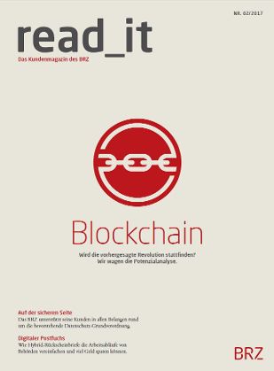 Cover des Kundenmagazins 02/2017 in beige mit Logo Blockchain