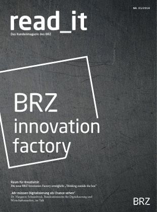 Cover des Kundenmagazins, schieferfarben mit Logo der Innovation Factory