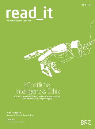 Cover des Kundenmagazins Ausgabe 02-2020 grün mit Roboterhand 