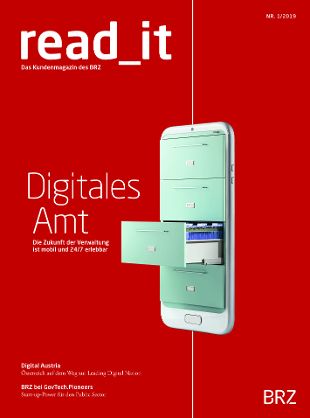 Cover des Kundenmagazins 01-2019 rot mit Smartphone Abbildung