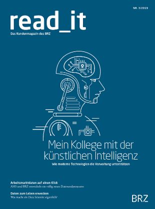 Cover des Kundenmagazins - Ausgabe 3-2019 blau mit Roboter Karrikatur
