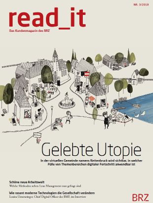 Cover des Kundenmagazins 03-2018 beige mit Abbildung eines Dorfes