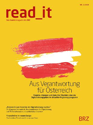 Cover des Kundenmagazins Ausgabe 01-2020 gelb mit Österreich Flagge