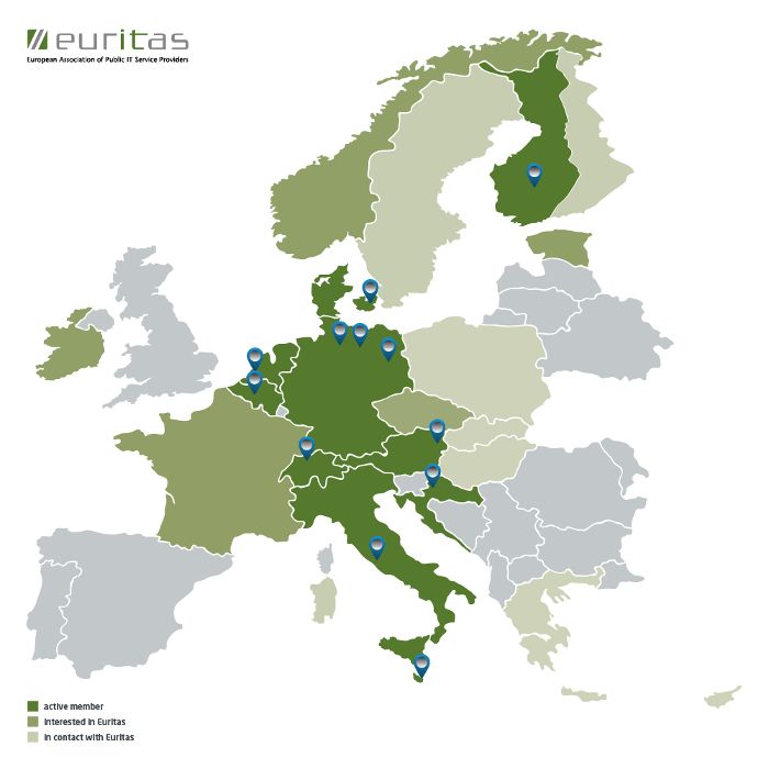 Karte von den aktiven europäischen Ländern in Zusammenarbeit, mit Kontakt oder Interesse in Euritas.