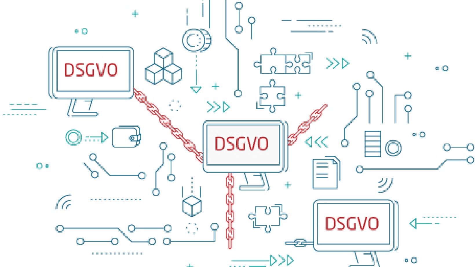 DSGVO Grafik, @iStock.com/LenaDatsiuk Grafik in blau, mit roten Ketten und drei Bildschirmen worauf jeweils DSGVO geschrieben steht