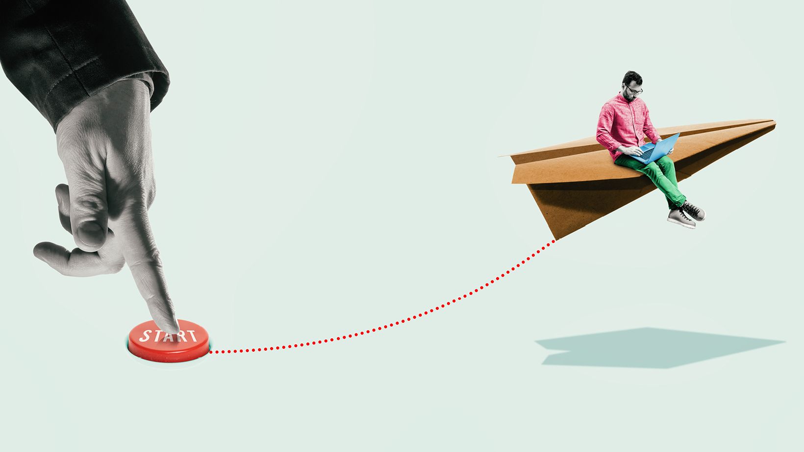 Gründung, @iStock.com/SvetaZi Hand drückt auf Knopf und ein Mann liest ein Magazin während er auf einem Papierflieger sitzt.