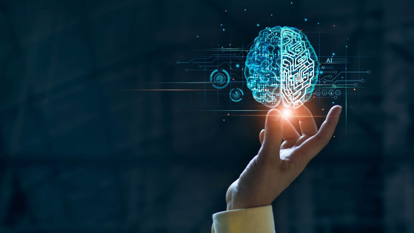 AI Darstellung, @(c)ipopba Hand mit programmierten Hirn