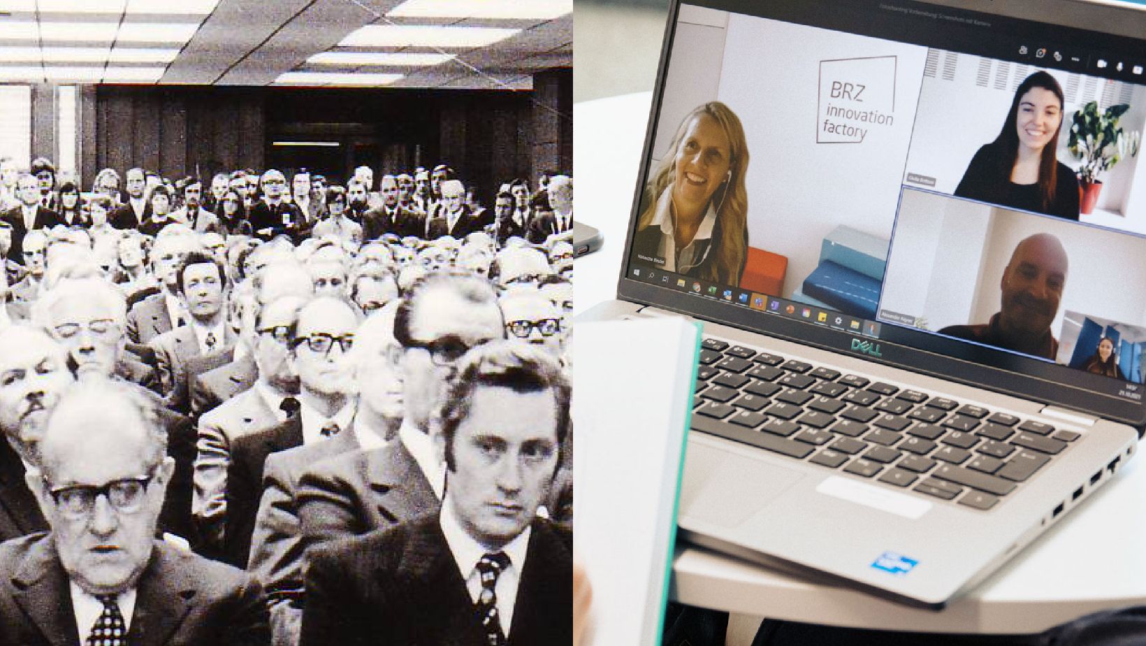 Schwarz-Weiß Foto von Menschen neben Laptop mit Videokonferenz
