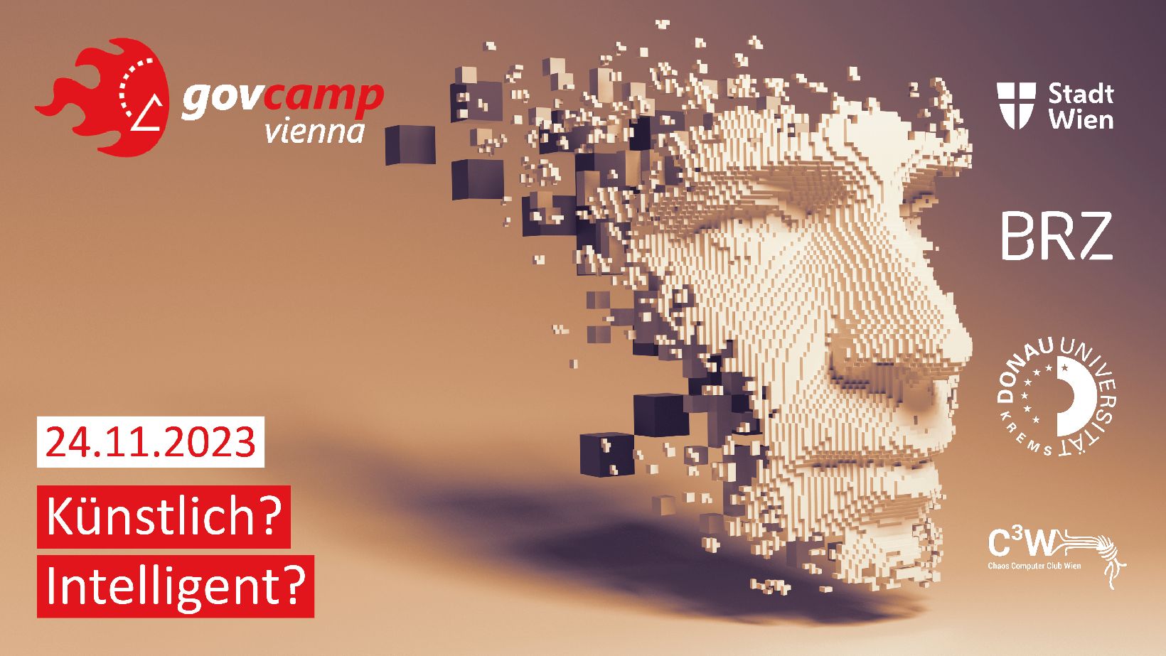 24.11.2023: govcamp vienna zum Thema Künstlich? Intelligent? Das Sujet zeigt ein menschliches Gesicht, das sich aus quadratischen Einzelteilen bildet