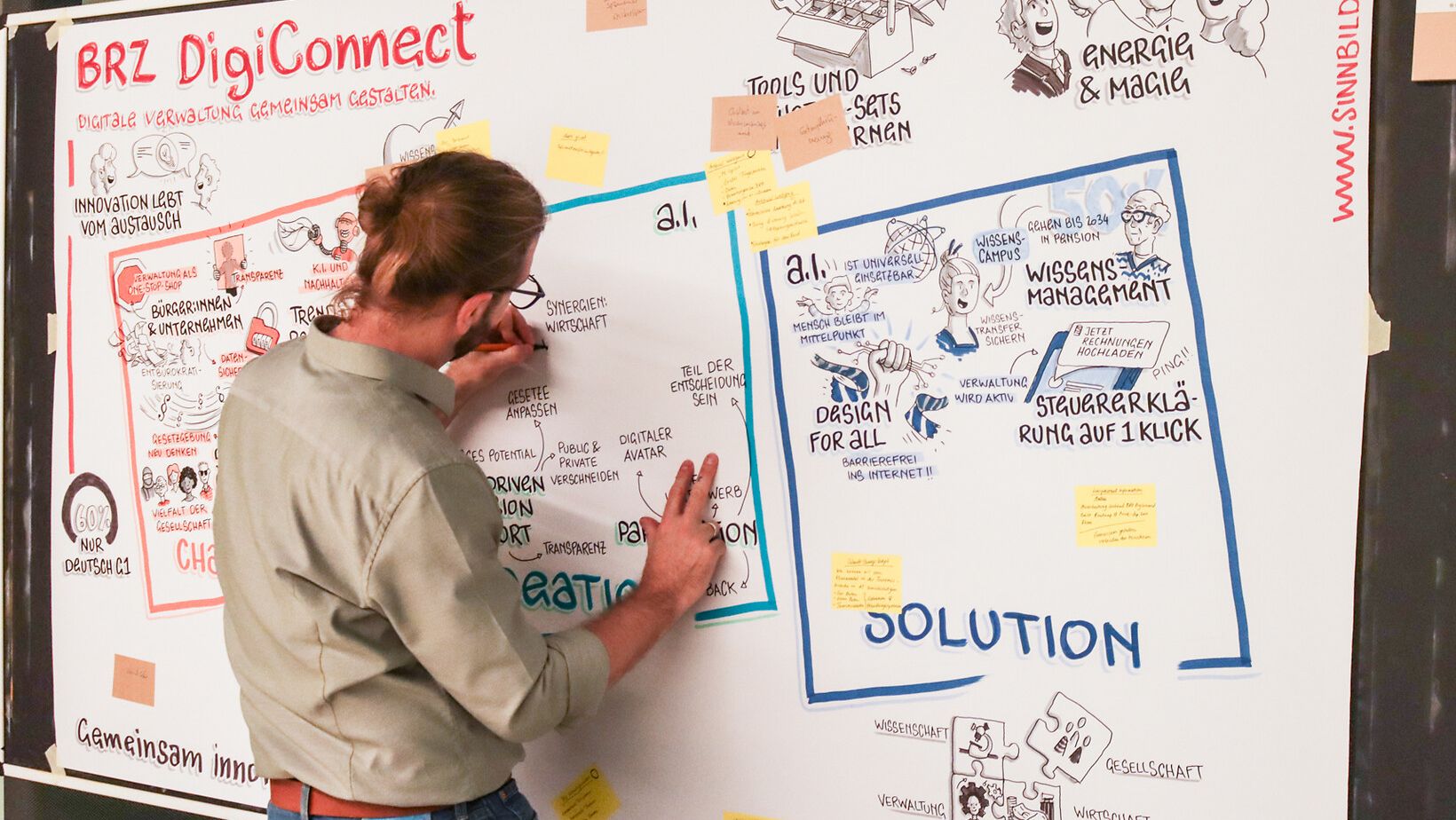 Grafiker zeichnet auf einer Pinwand