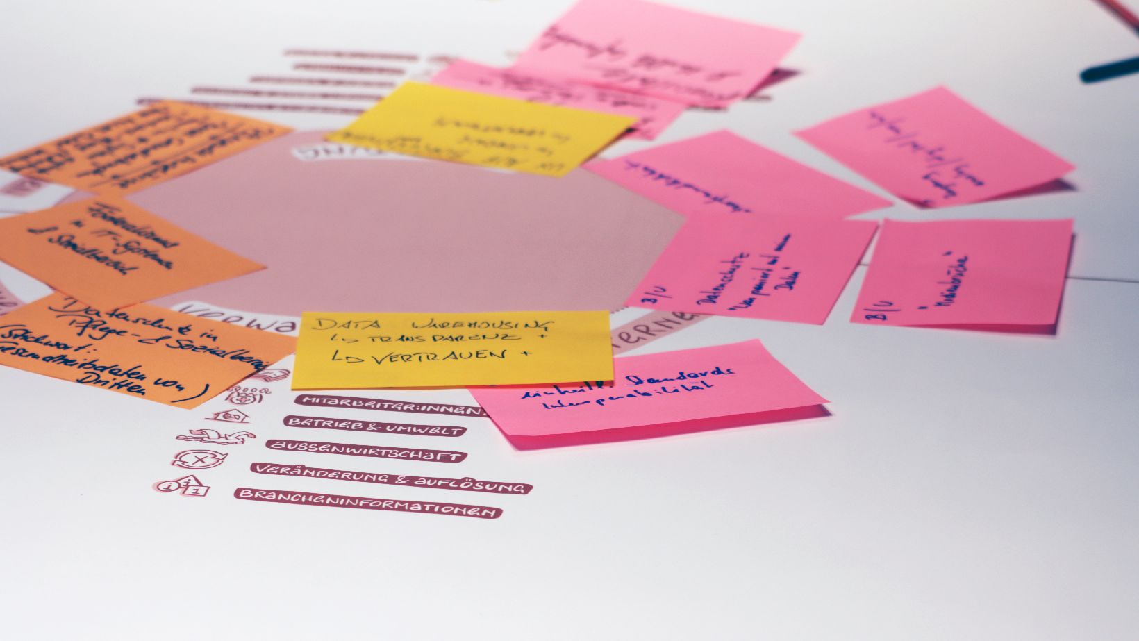Bunte Postit-Notes auf einem Papier