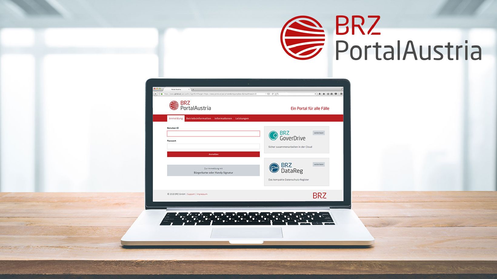 Produktposter zum BRZ PortalAustria, ein Laptop mit einem Screenshot vom Produkt