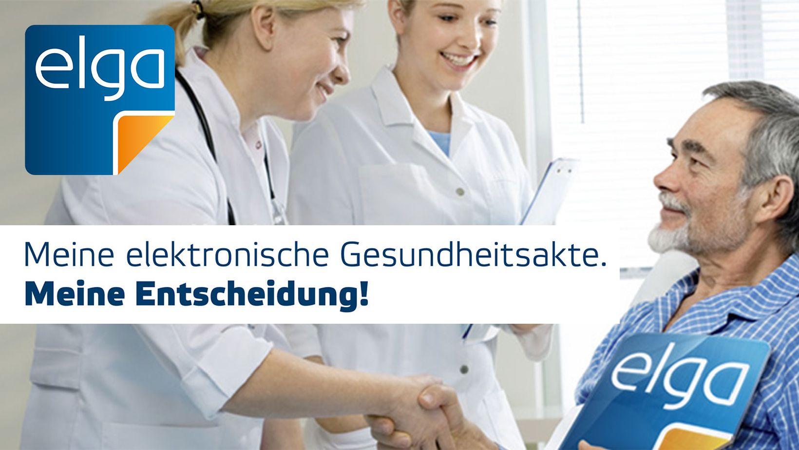 Headerbild zur ELGA, ein älterer Mann mit zwei Krankenschwestern und ELGA Logo.