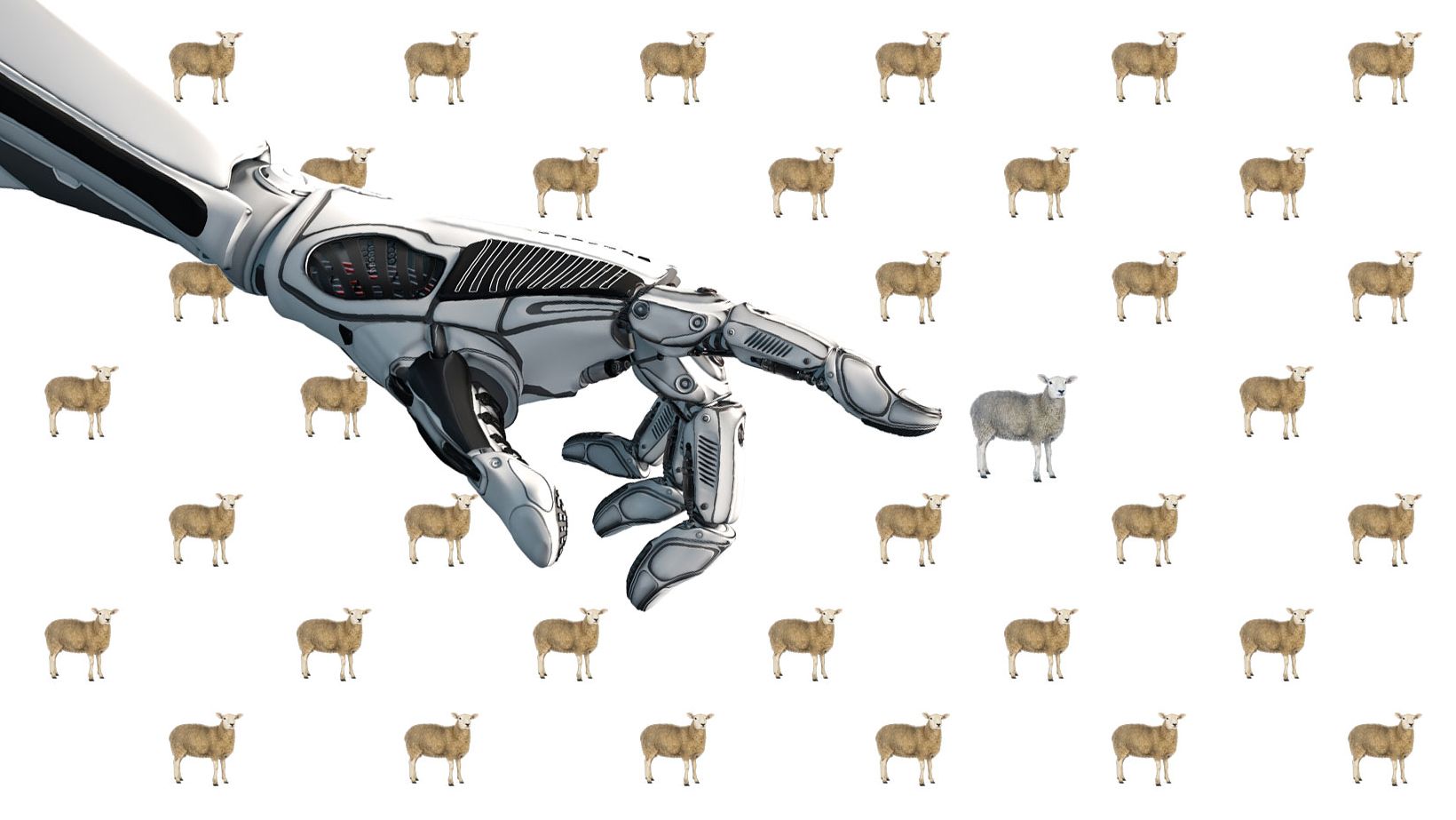 Roboterhand zeigt auf ein schwarzes Schaf, rundherum sind weiße Schafe zu sehen.