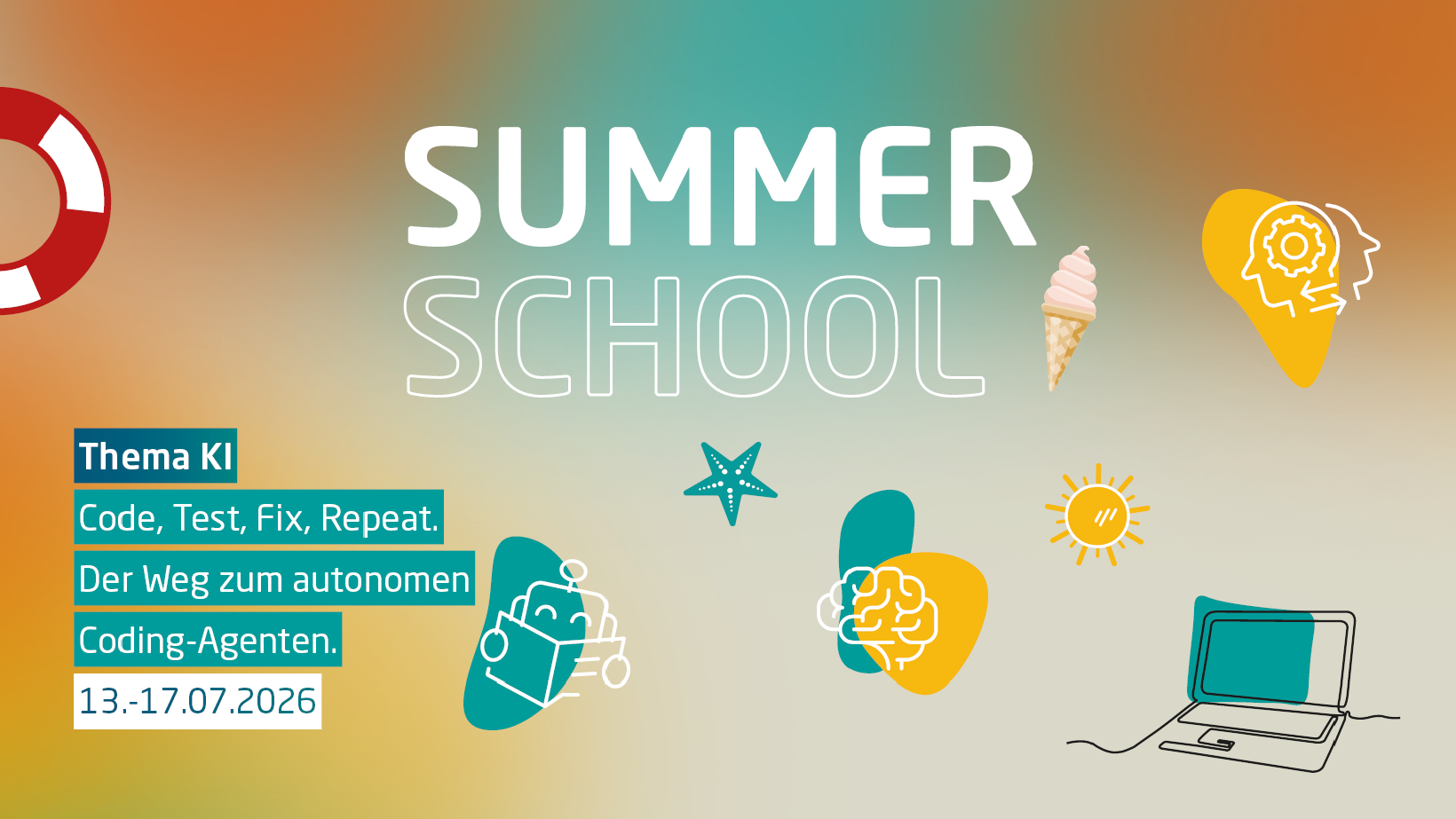 Bunter Hintergrund mit Eisstanitzel, Schwimmreifen, Computer